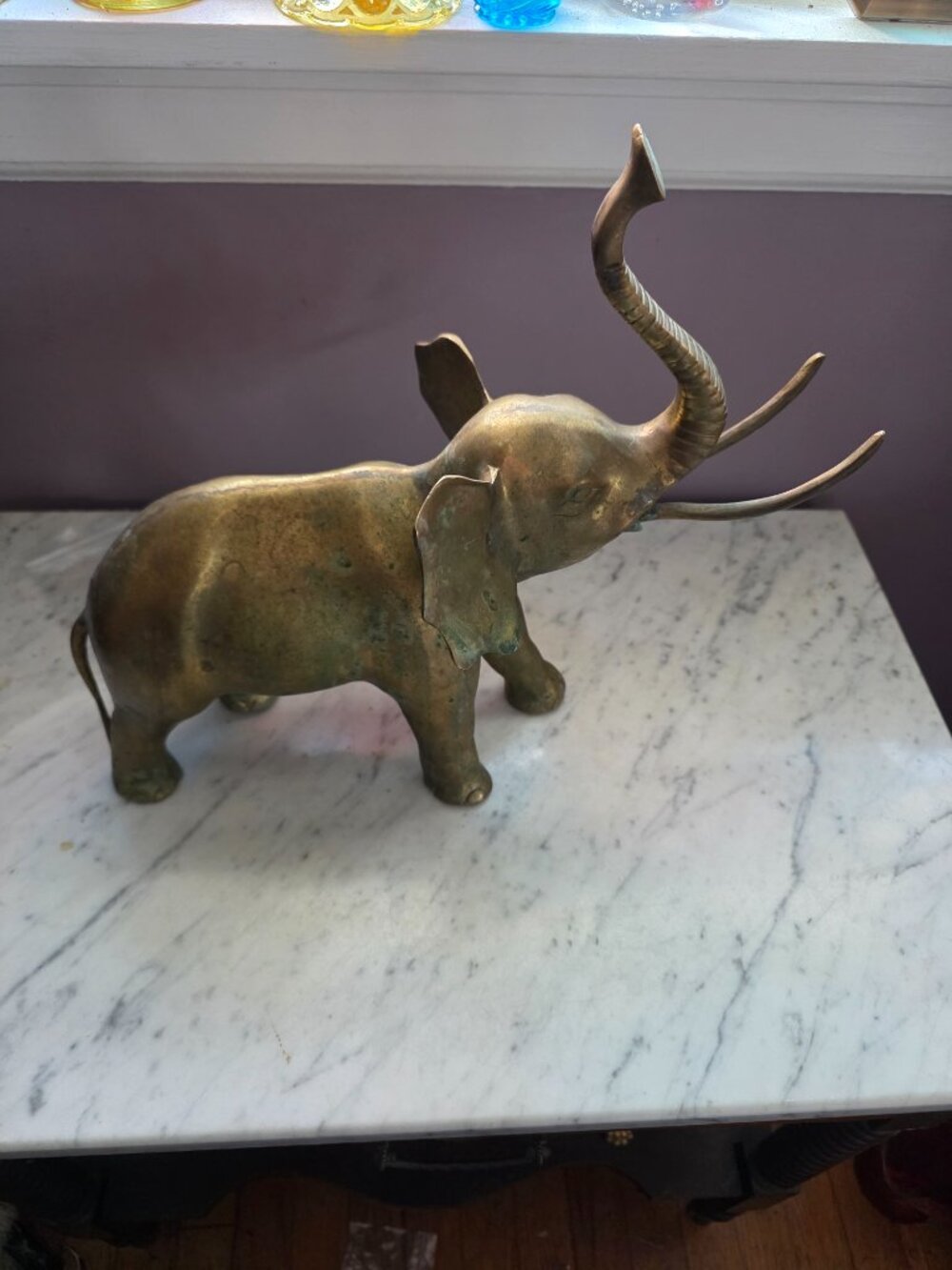 Vintage Large Solid Brass Elephant Figurine 6.8 lb Heavy Patina India Decor Stat
